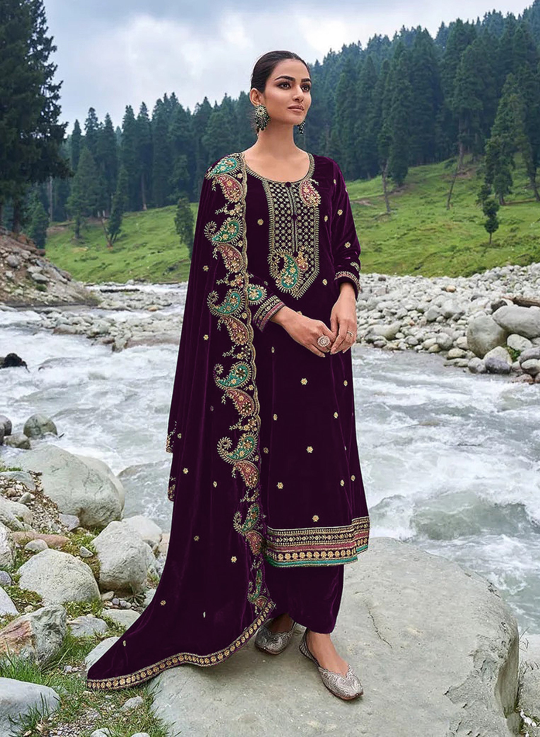 Lorenvalley Fashion Women Purple Velvet Embroidered Salwar Suit Material - Distacart