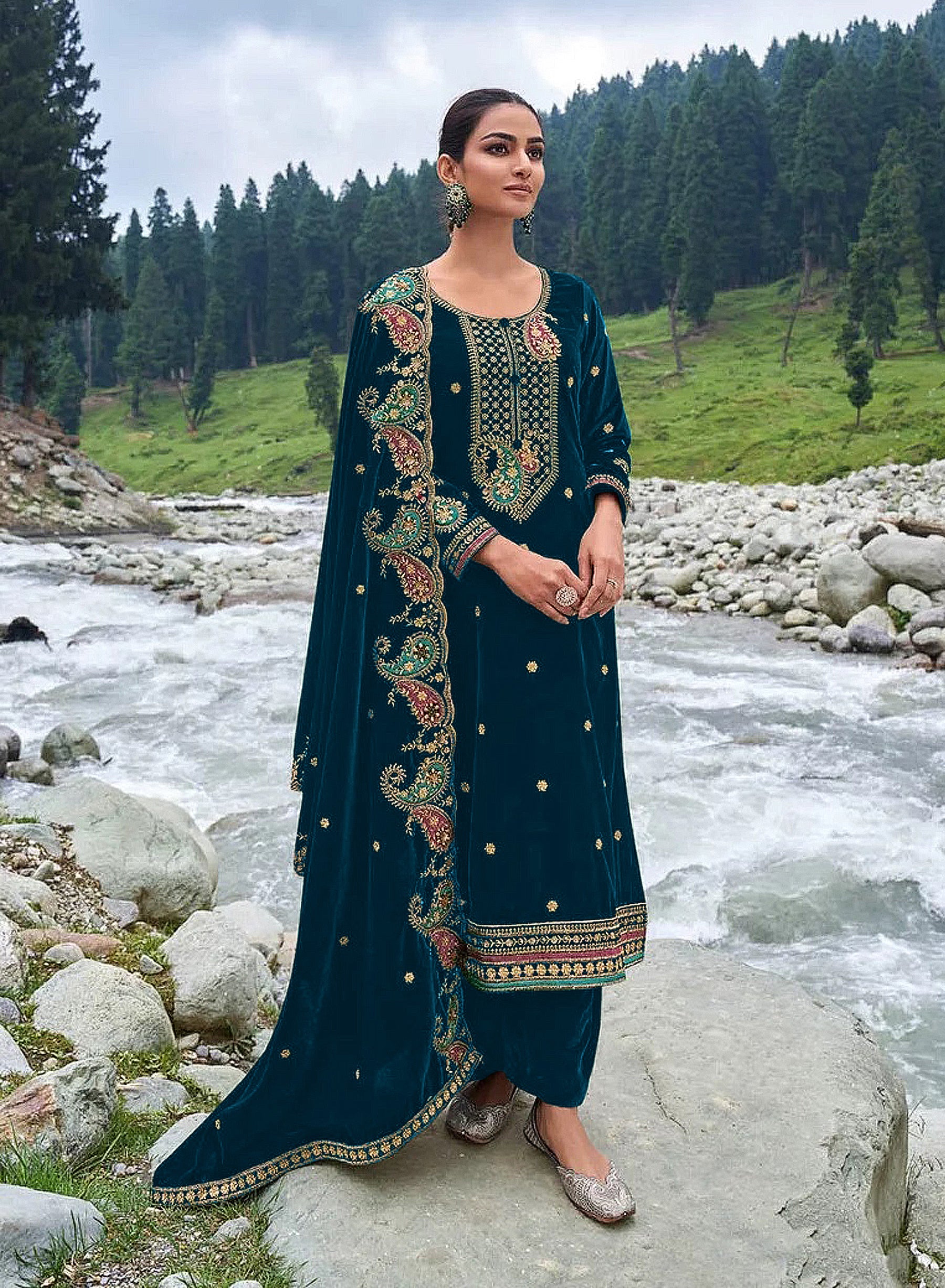 Lorenvalley Fashion Women Rama Velvet Embroidered Salwar Suit Material - Distacart
