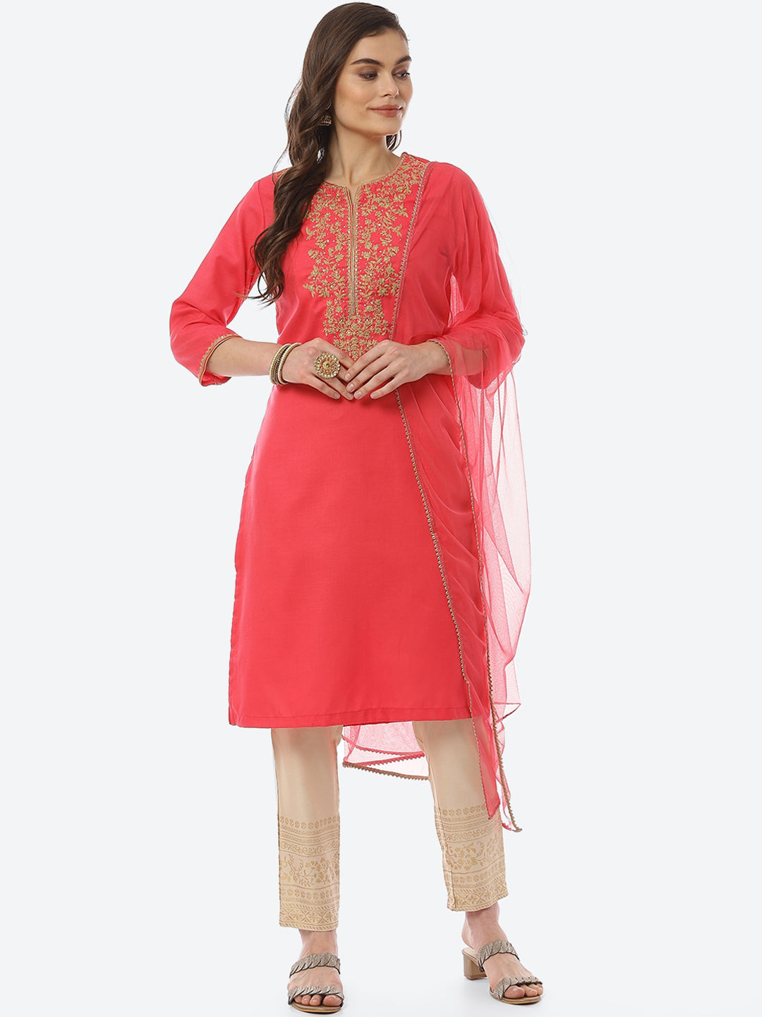 Biba Women Fuchsia Ethnic Motifs Yoke Design Pure Cotton Kurta with Trousers & With Dupatta - Distacart