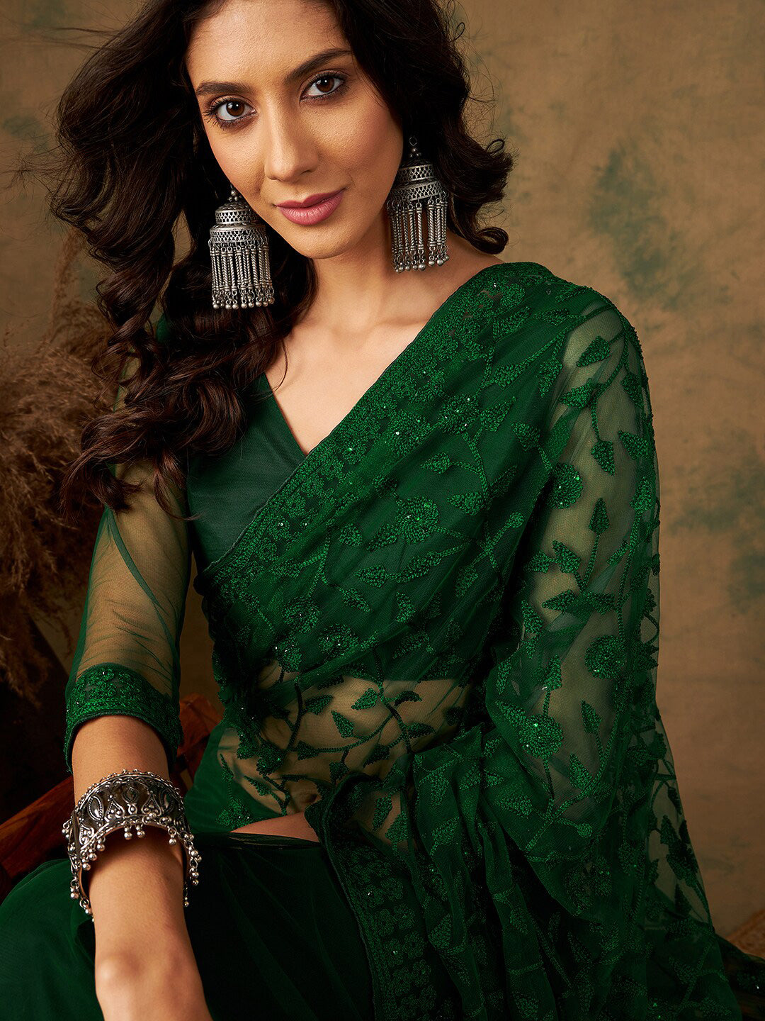 Sangria Floral Embroidered Net Sarees - Distacart