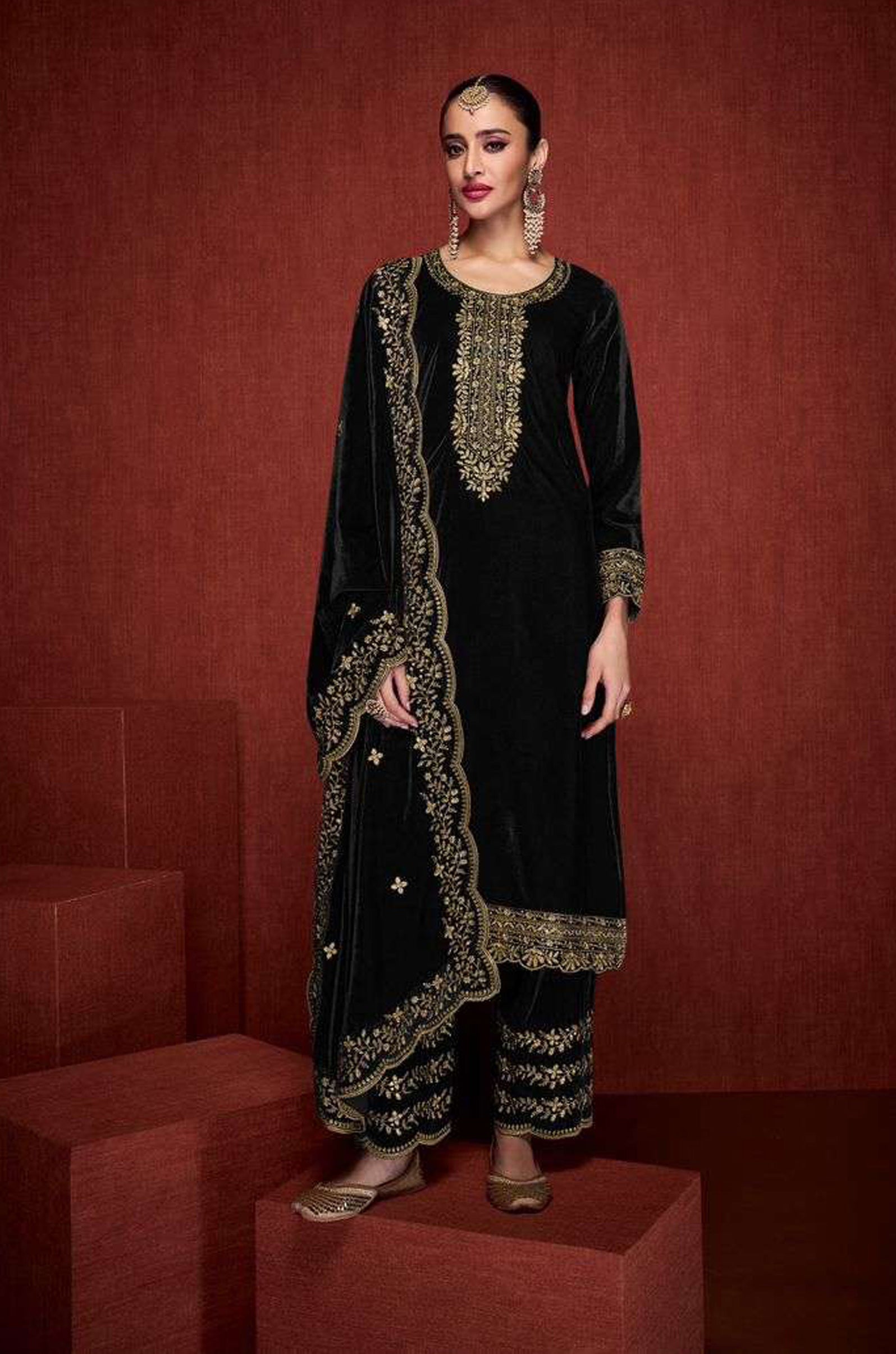 Lorenvalley Fashion Women Black Velvet Embroidered Salwar Suit Material - Distacart