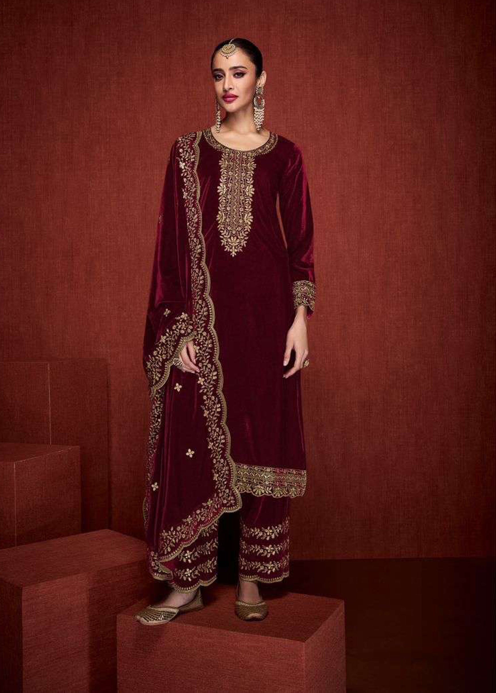 Lorenvalley Fashion Women Maroon Velvet Embroidered Salwar Suit Material - Distacart