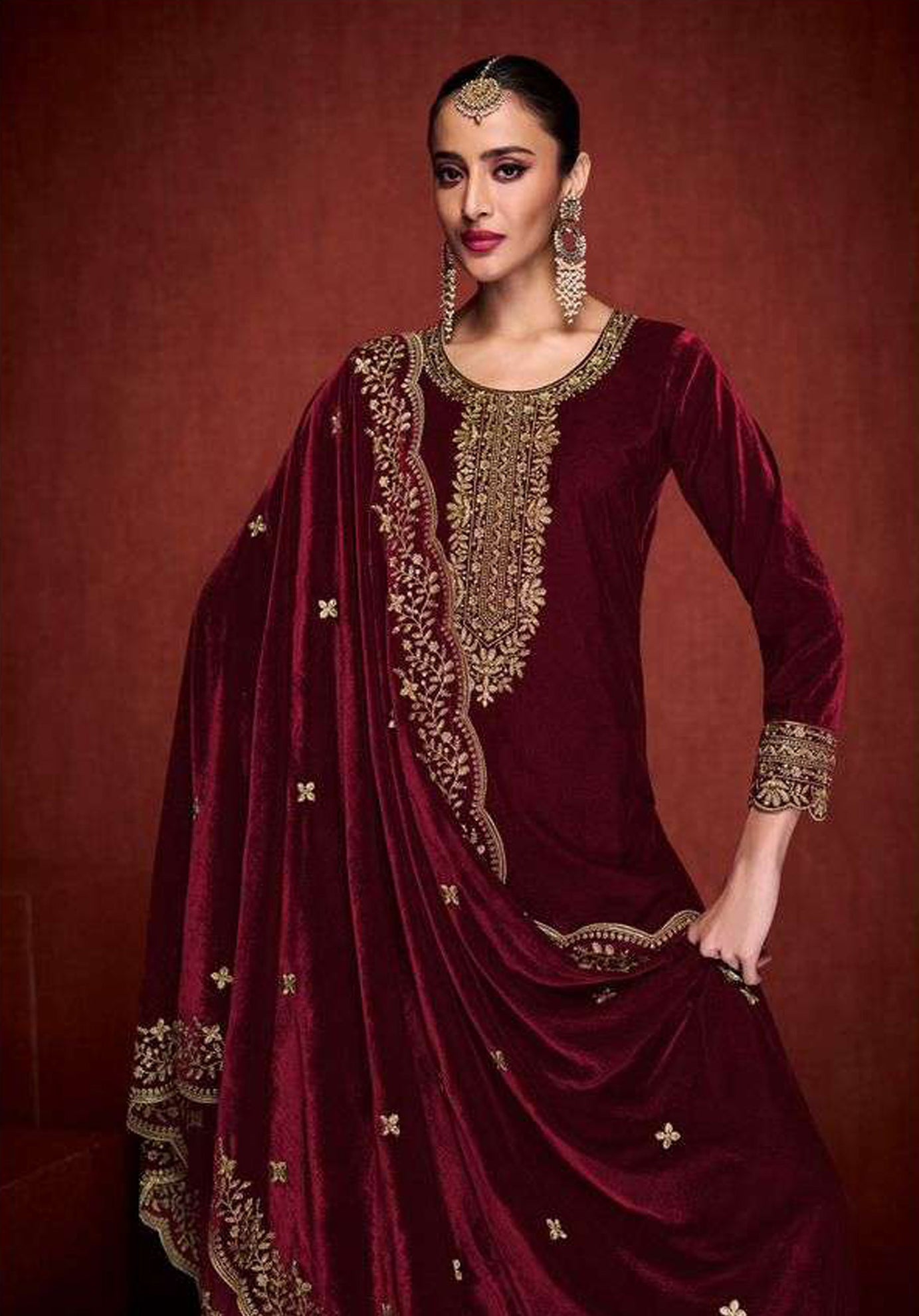 Lorenvalley Fashion Women Maroon Velvet Embroidered Salwar Suit Material - Distacart