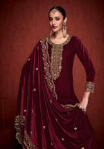 Thumbnail for Lorenvalley Fashion Women Maroon Velvet Embroidered Salwar Suit Material - Distacart