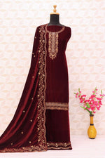 Thumbnail for Lorenvalley Fashion Women Maroon Velvet Embroidered Salwar Suit Material - Distacart