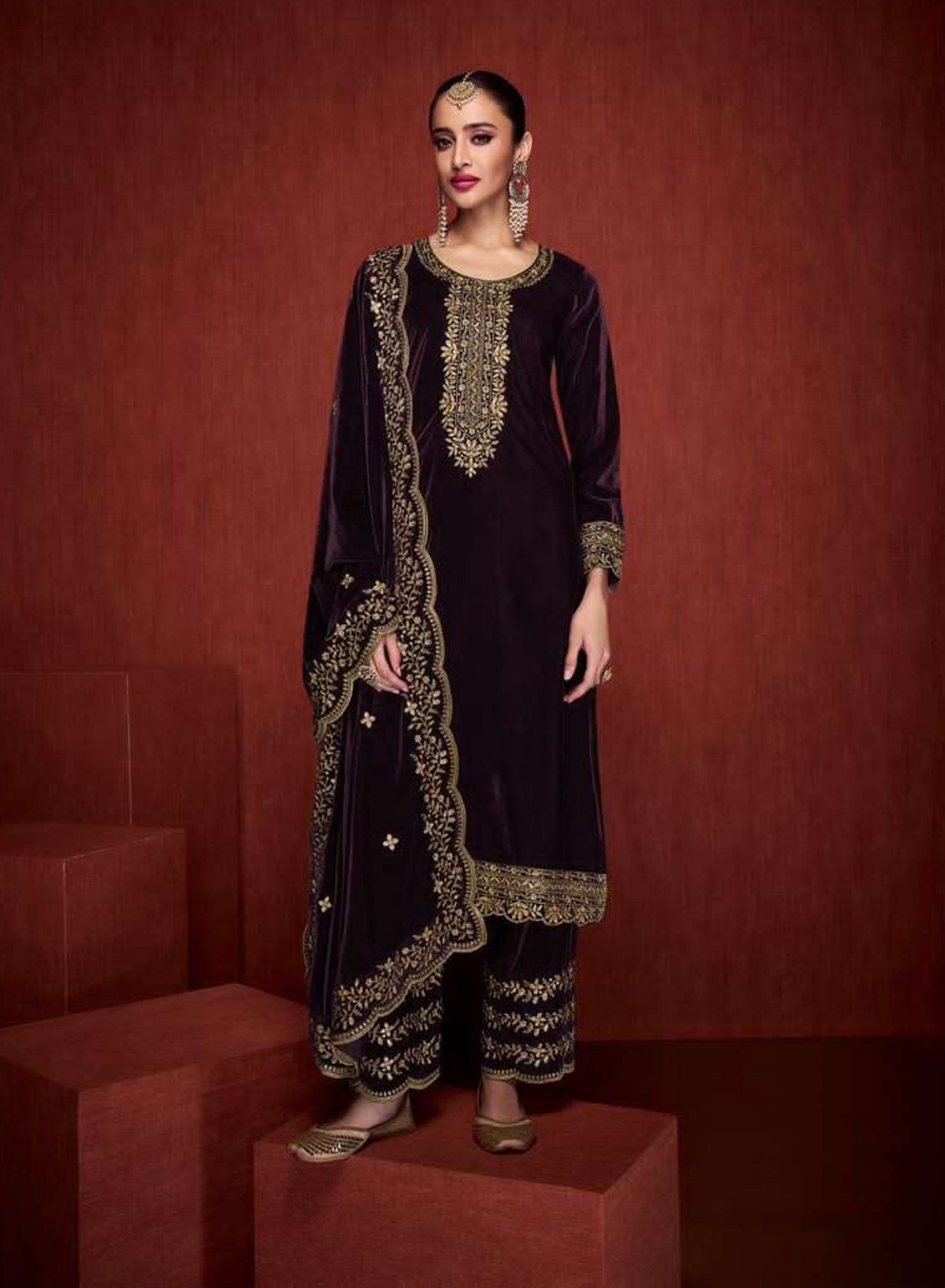 Lorenvalley Fashion Women Purple Velvet Embroidered Salwar Suit Material - Distacart