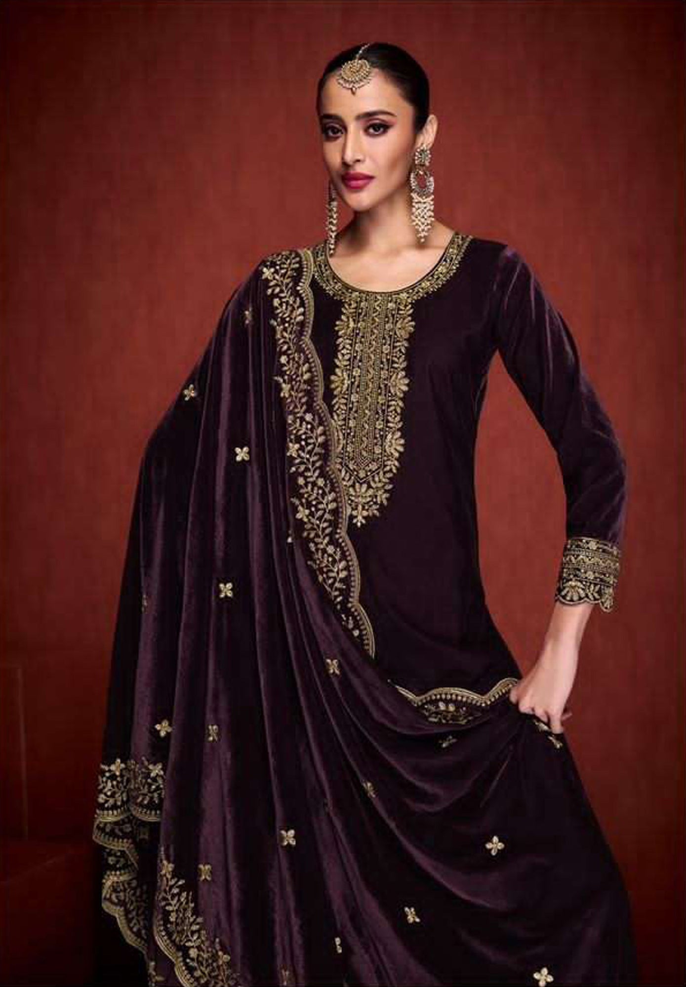 Lorenvalley Fashion Women Purple Velvet Embroidered Salwar Suit Material - Distacart
