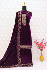 Thumbnail for Lorenvalley Fashion Women Purple Velvet Embroidered Salwar Suit Material - Distacart