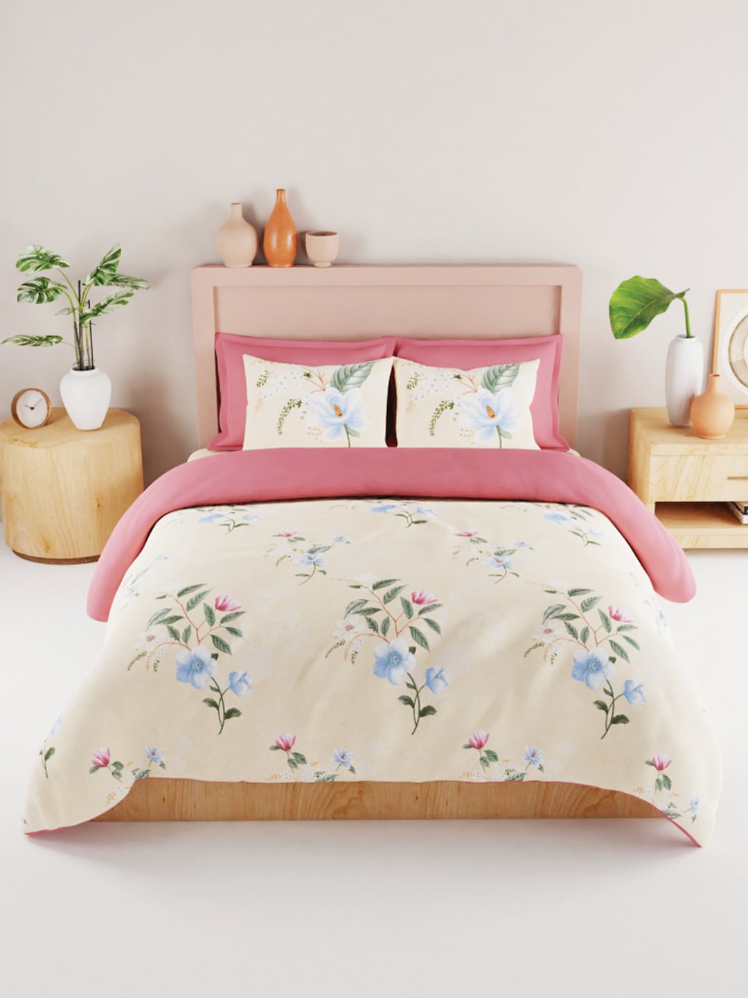 BIANCA Yellow & Blue Floral 186 TC King Bedsheet with 2 Pillow Covers - Distacart