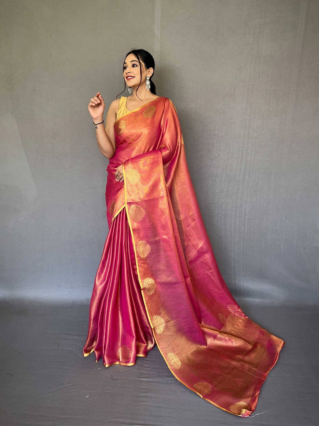 Mitera Pink & Gold-Toned Woven Design Zari Tissue Saree - Distacart