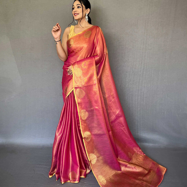 Mitera Pink & Gold-Toned Woven Design Zari Tissue Saree - Distacart
