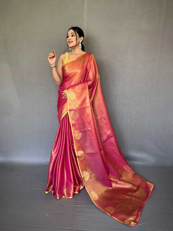 Mitera Pink & Gold-Toned Woven Design Zari Tissue Saree - Distacart