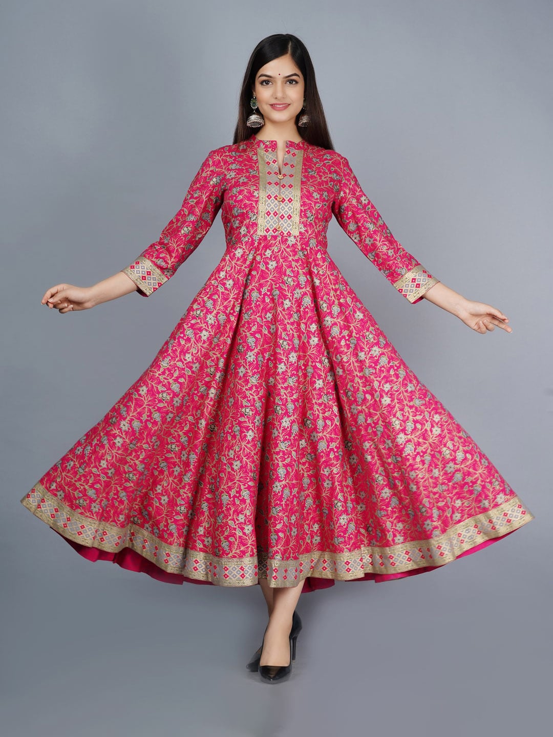 Kalini Women Pink & Golden Ethnic Motifs Printed Anarkali Kurta - Distacart