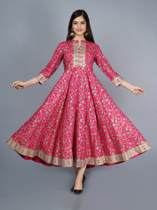 Kalini Women Pink & Golden Ethnic Motifs Printed Anarkali Kurta - Distacart