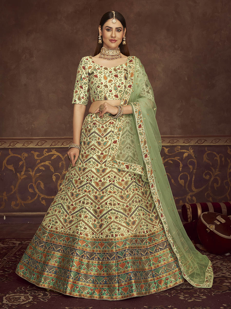 Myra Mint Green Art Silk Embroidered Designer Lehenga - Distacart