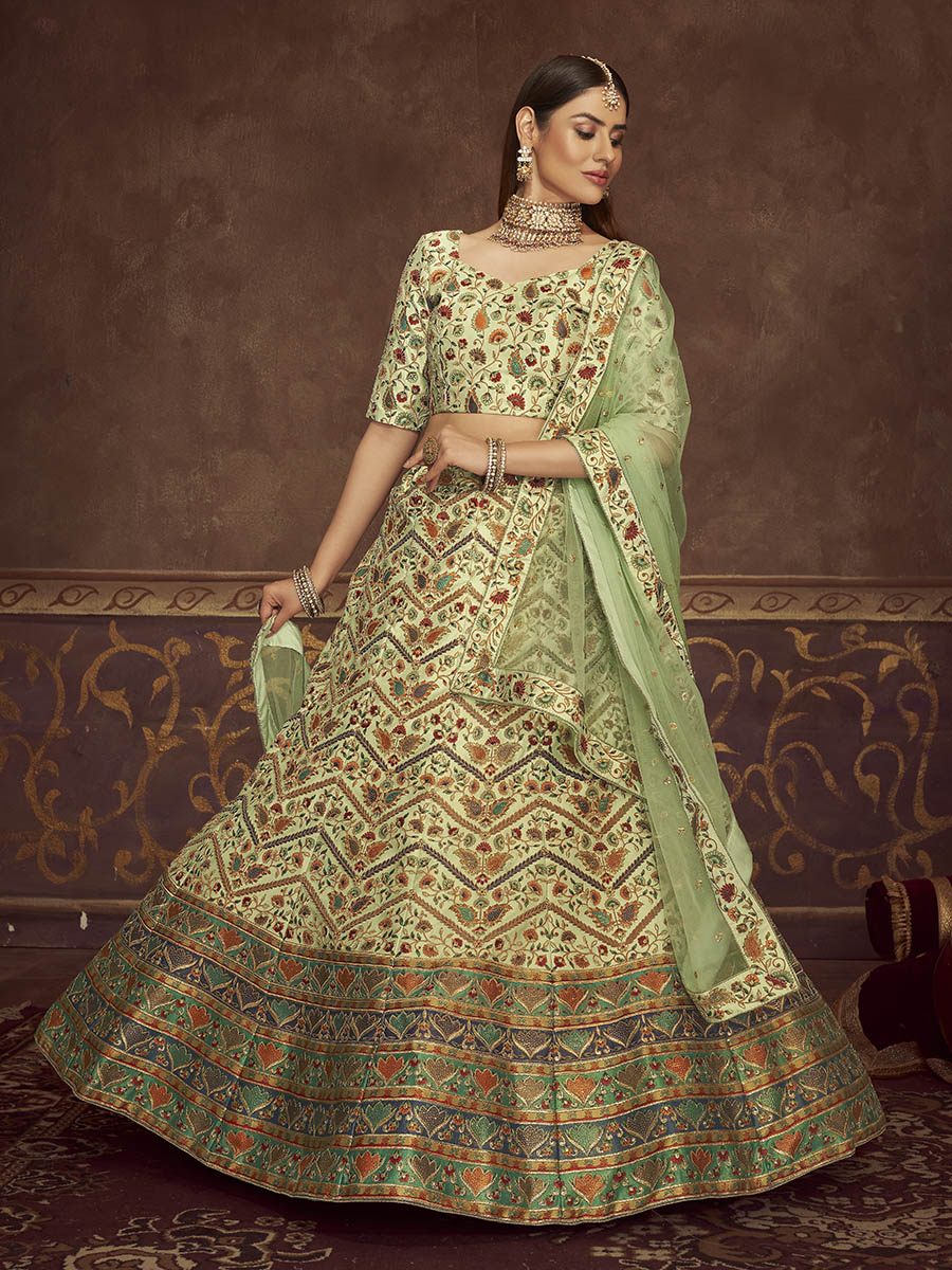 Myra Mint Green Art Silk Embroidered Designer Lehenga - Distacart