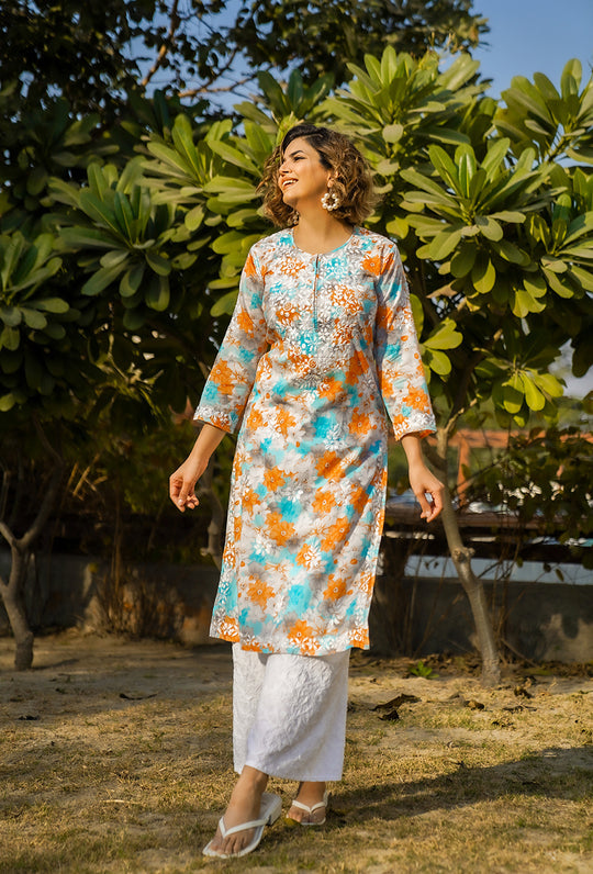 Rangreza Ethnic Leela Mulmul Chikankari Kurta Orange - Distacart