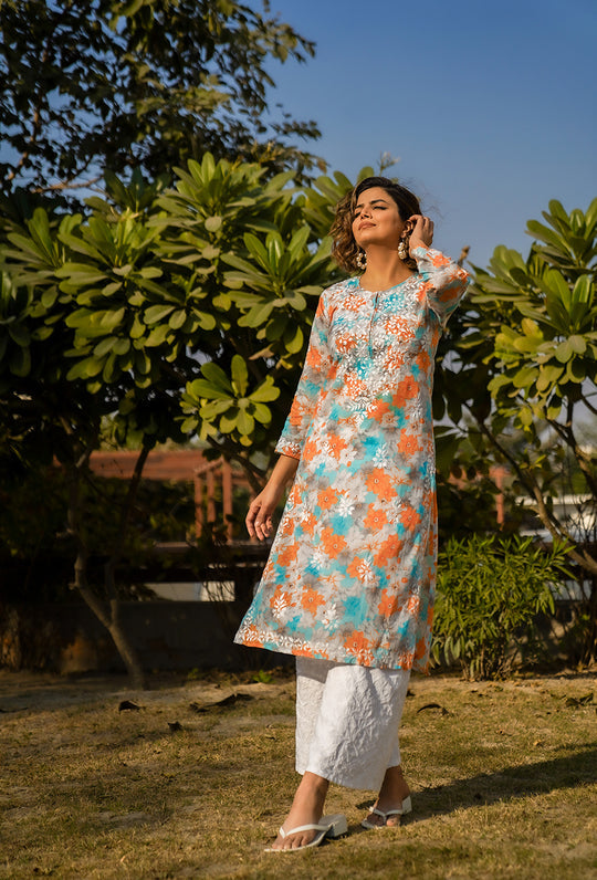 Rangreza Ethnic Leela Mulmul Chikankari Kurta Orange - Distacart