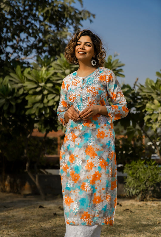 Rangreza Ethnic Leela Mulmul Chikankari Kurta Orange - Distacart