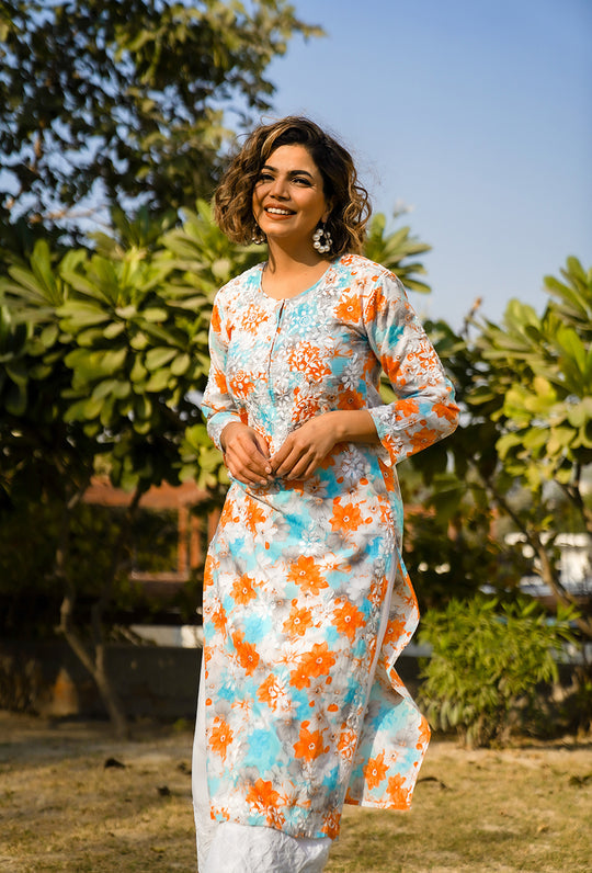 Rangreza Ethnic Leela Mulmul Chikankari Kurta Orange - Distacart