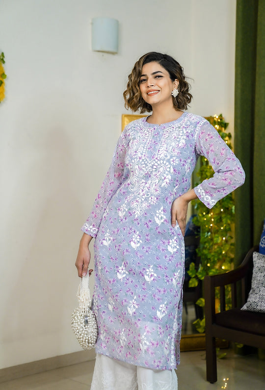 Rangreza Ethnic Eliza Georgette Chikankari Kurta With Inner (Set Of 2) Lavender - Distacart