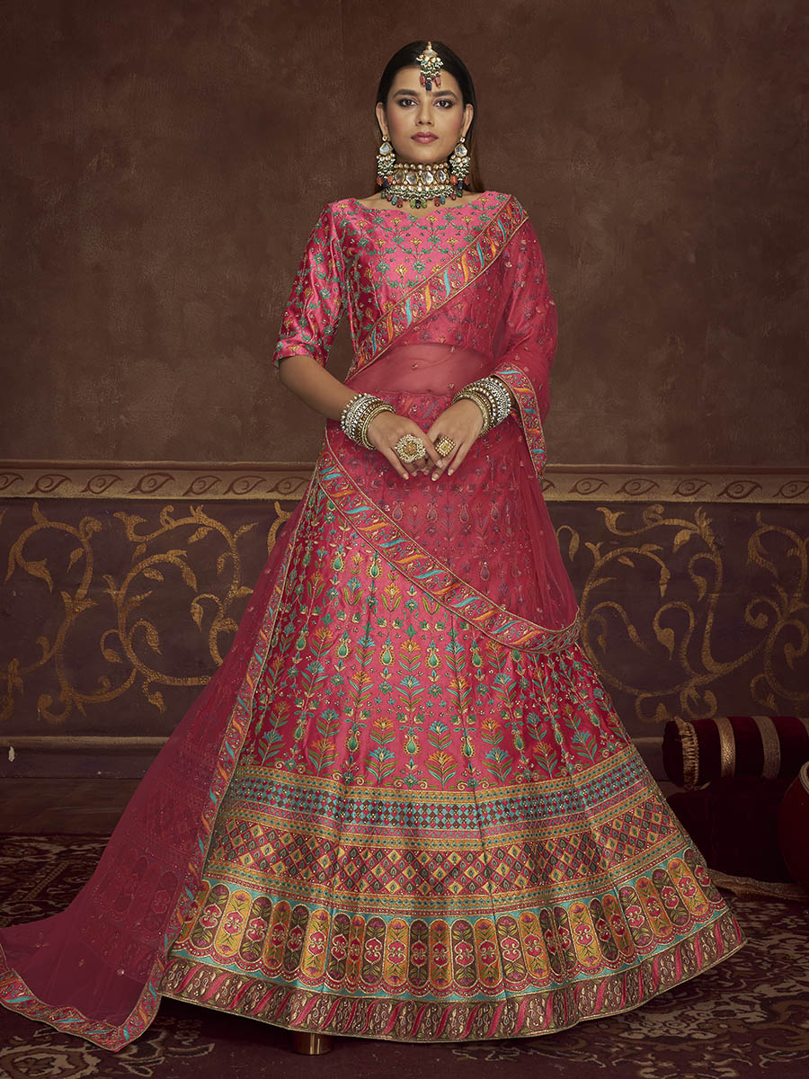 Myra Pink Art Silk Embroidered Designer Lehenga - Distacart