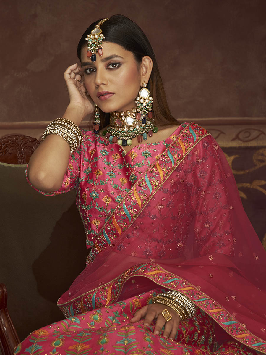 Myra Pink Art Silk Embroidered Designer Lehenga - Distacart
