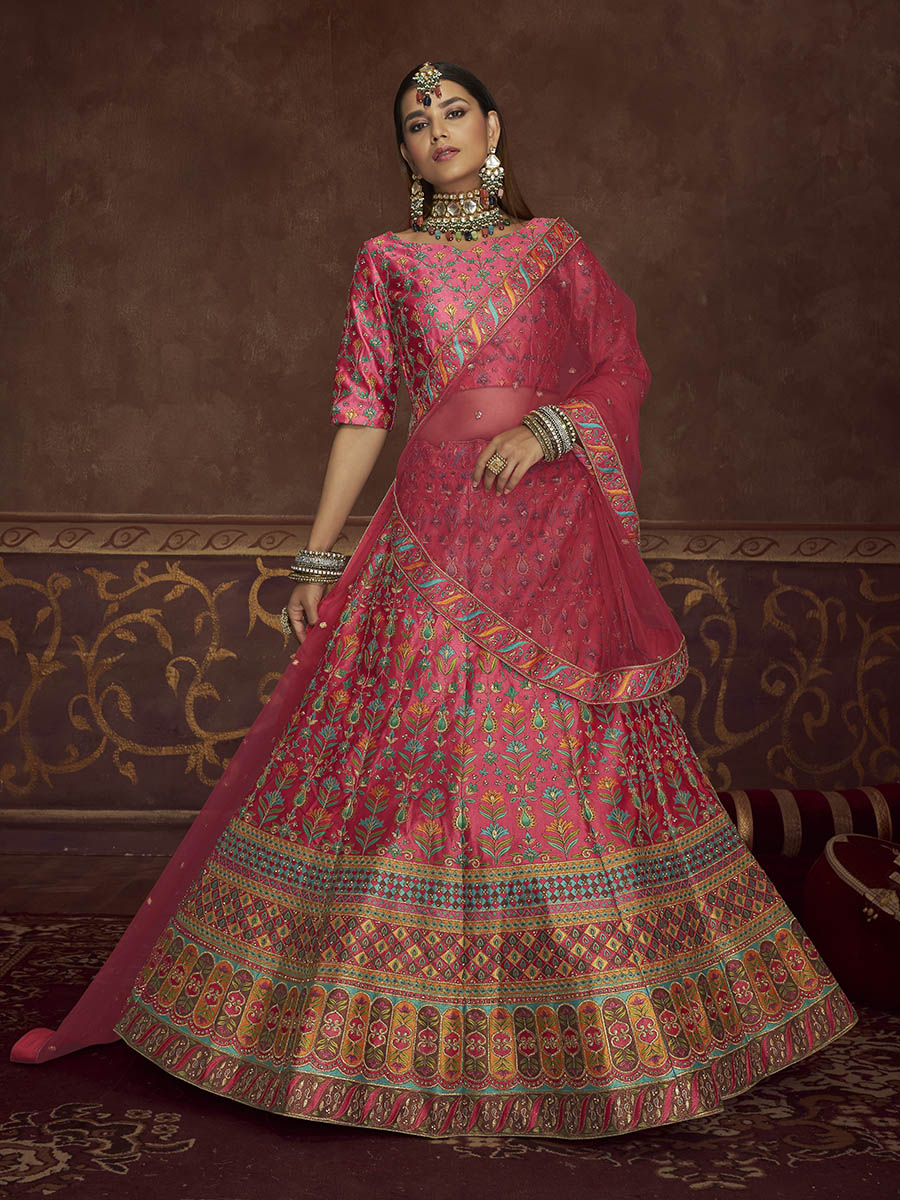 Myra Pink Art Silk Embroidered Designer Lehenga - Distacart