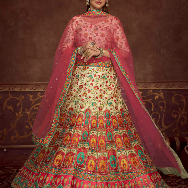 Myra Beige and Pink Art Silk Embroidered Designer Lehenga - Distacart