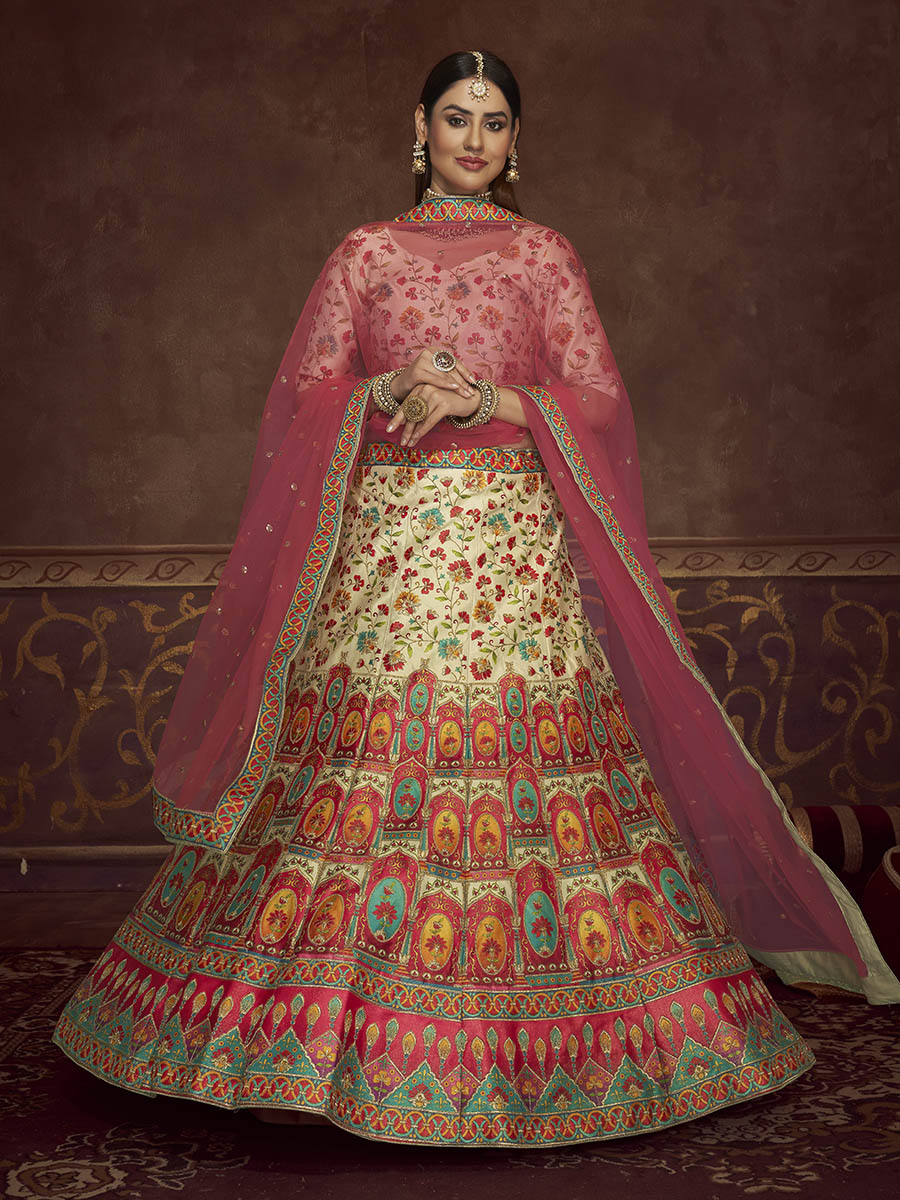 Myra Beige and Pink Art Silk Embroidered Designer Lehenga - Distacart