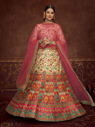 Myra Beige and Pink Art Silk Embroidered Designer Lehenga - Distacart