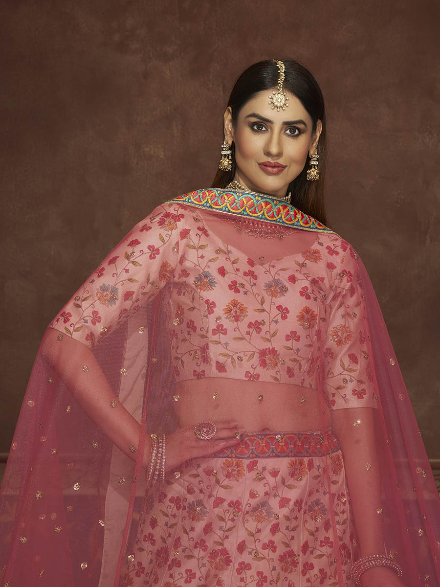 Myra Beige and Pink Art Silk Embroidered Designer Lehenga - Distacart