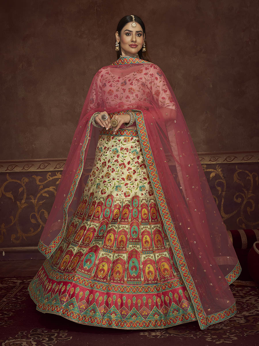 Myra Beige and Pink Art Silk Embroidered Designer Lehenga - Distacart