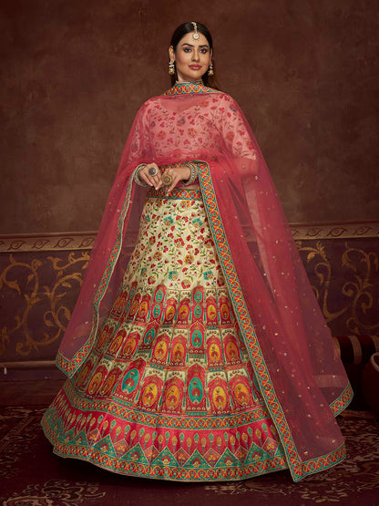 Myra Beige and Pink Art Silk Embroidered Designer Lehenga - Distacart