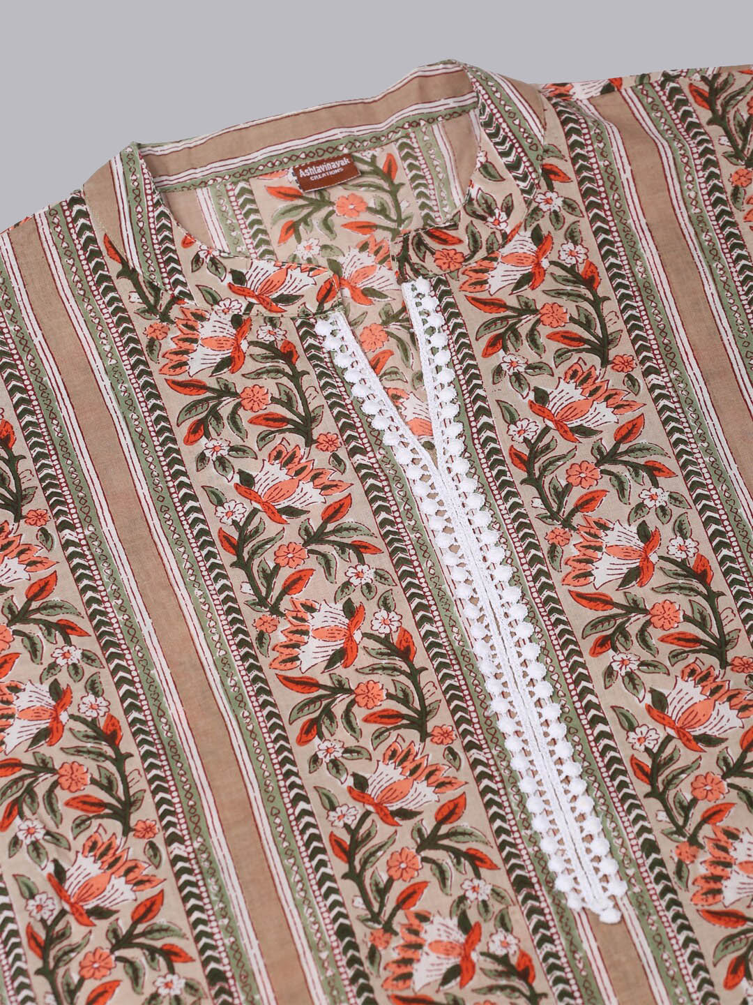 Kalini Women Beige Tribal Striped Thread Work Straight Kurta - Distacart