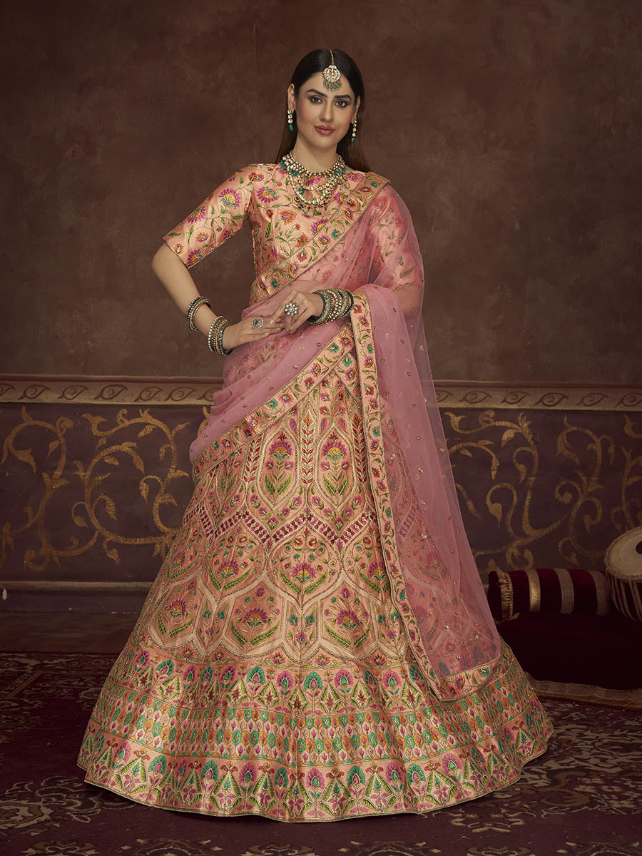 Myra Peach Pink Art Silk Embroidered Designer Lehenga - Distacart