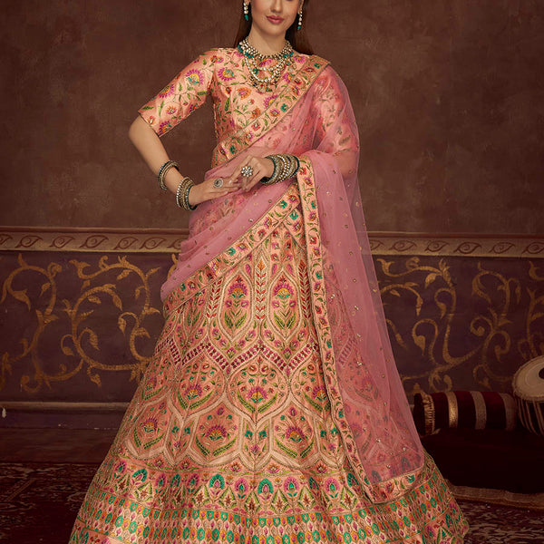 Myra Peach Pink Art Silk Embroidered Designer Lehenga - Distacart
