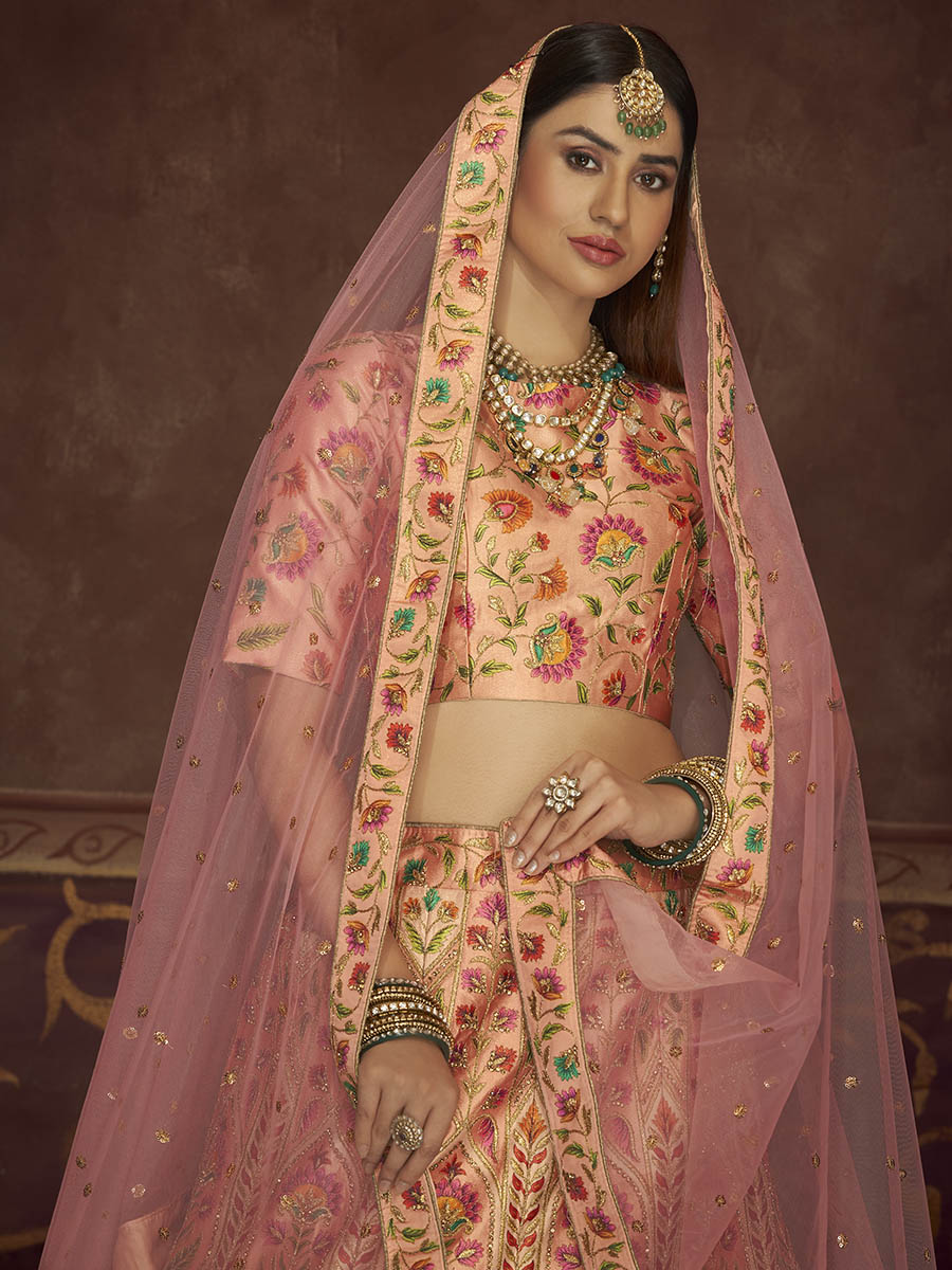Myra Peach Pink Art Silk Embroidered Designer Lehenga - Distacart