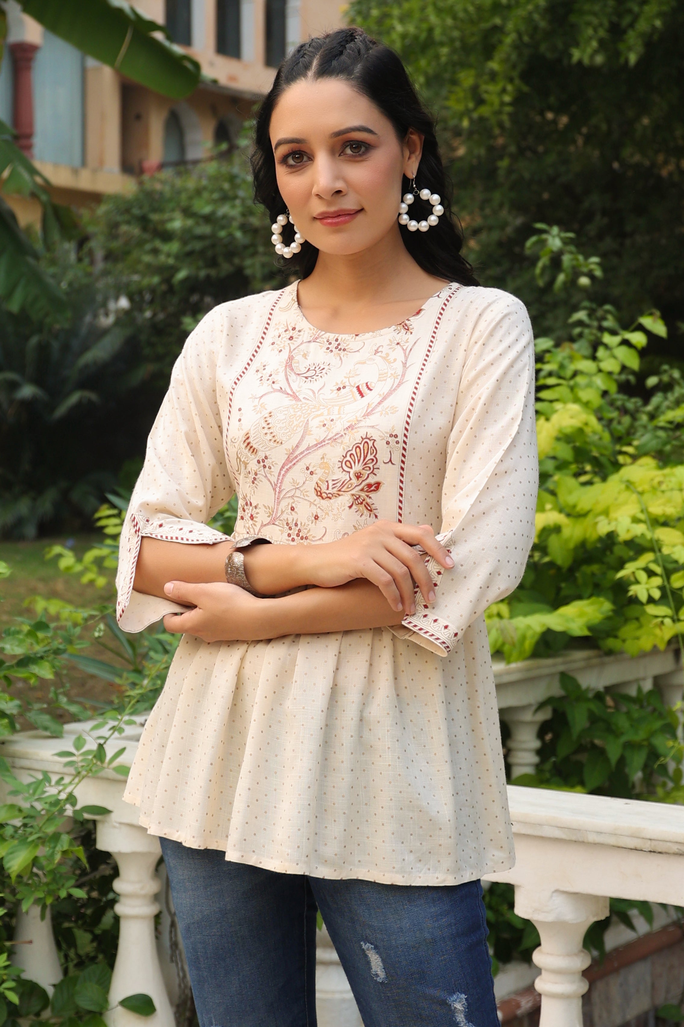 Juniper Women Ivory Rayon Slub Polka Print Peplum Tunic - Distacart