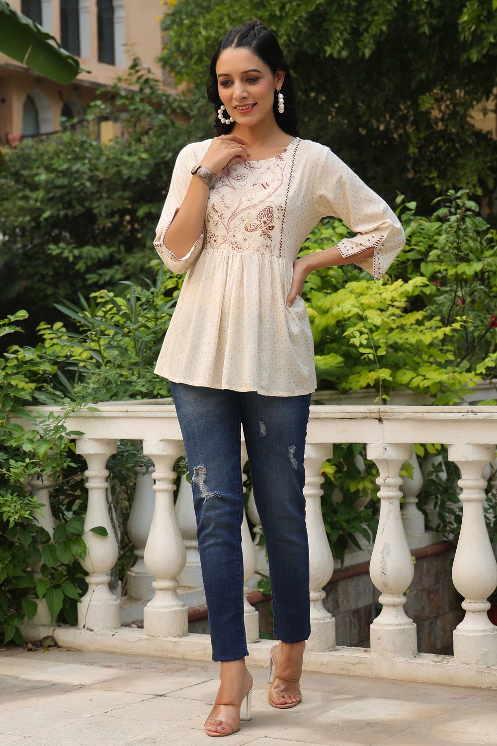 Juniper Women Ivory Rayon Slub Polka Print Peplum Tunic - Distacart