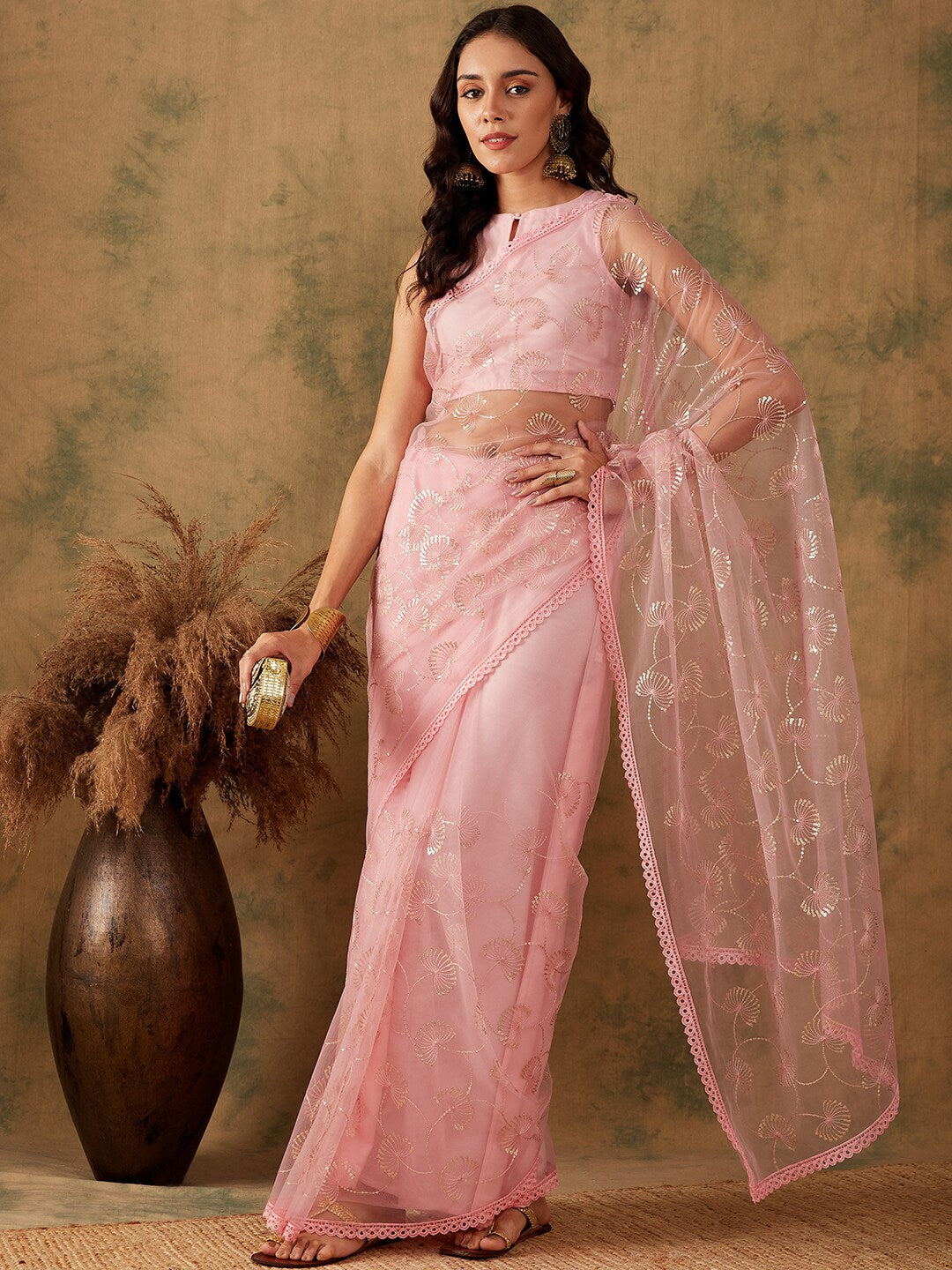 Sangria Pink Floral Embroidered Sequinned Net Saree - Distacart