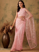 Thumbnail for Sangria Pink Floral Embroidered Sequinned Net Saree - Distacart