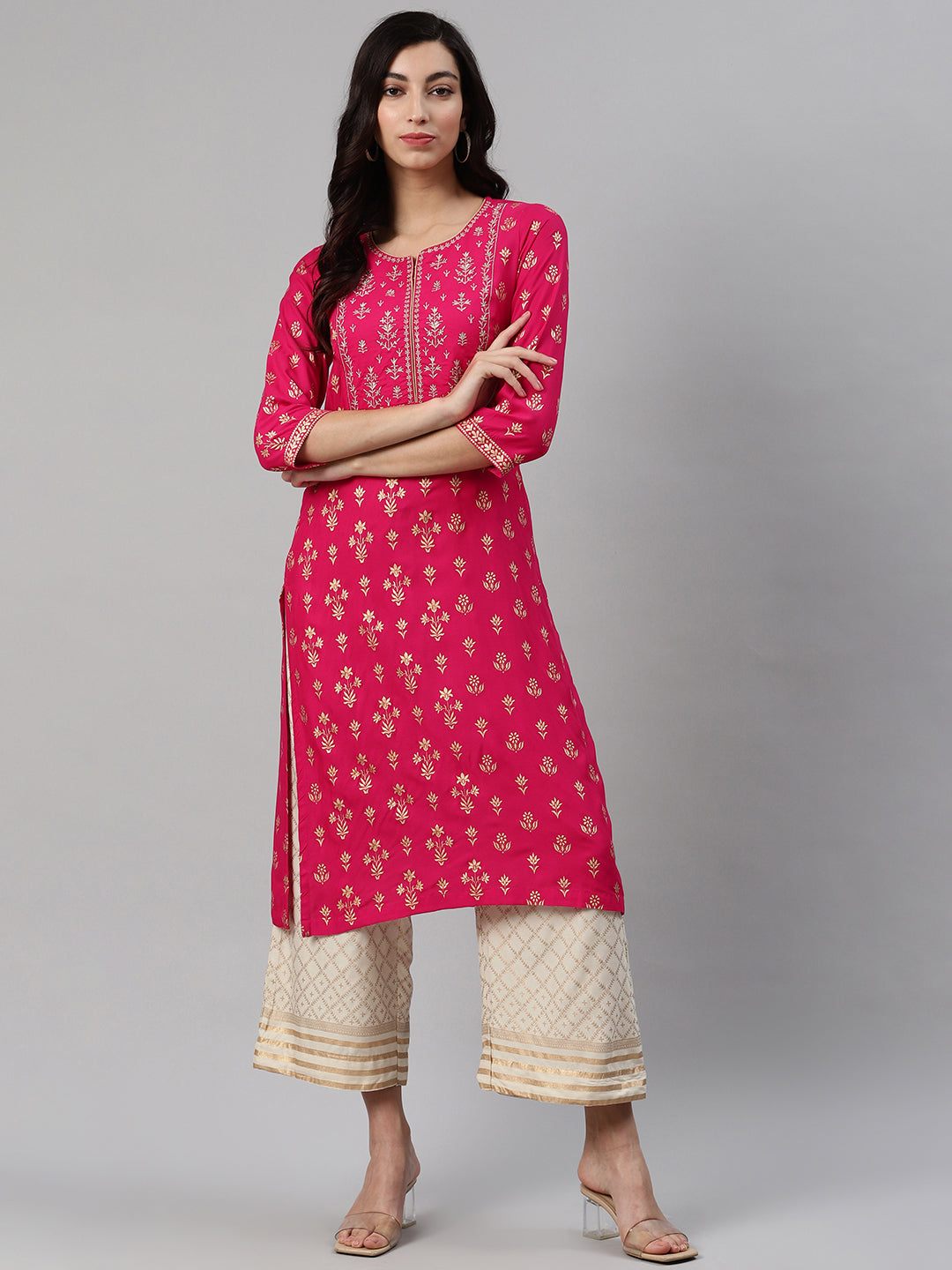 Biba Women Magenta & Golden Printed Kurta with Palazzos - Distacart