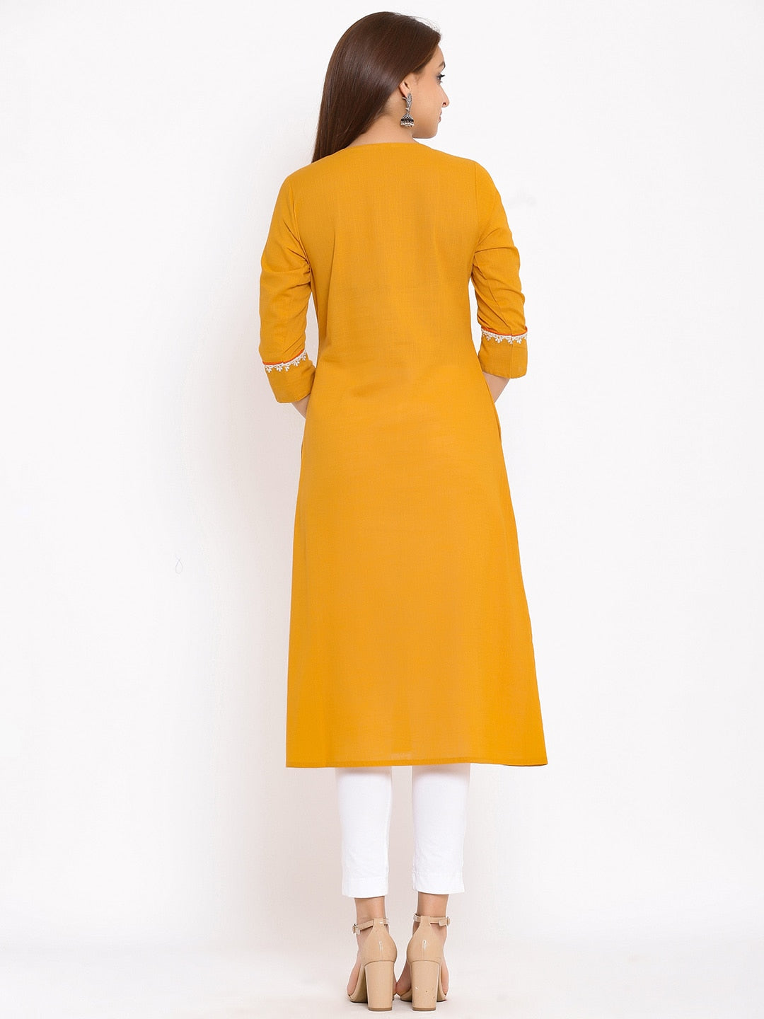HERE&NOW Mustard Yellow & White Ethnic Motifs Embroidered Straight Kurta - Distacart