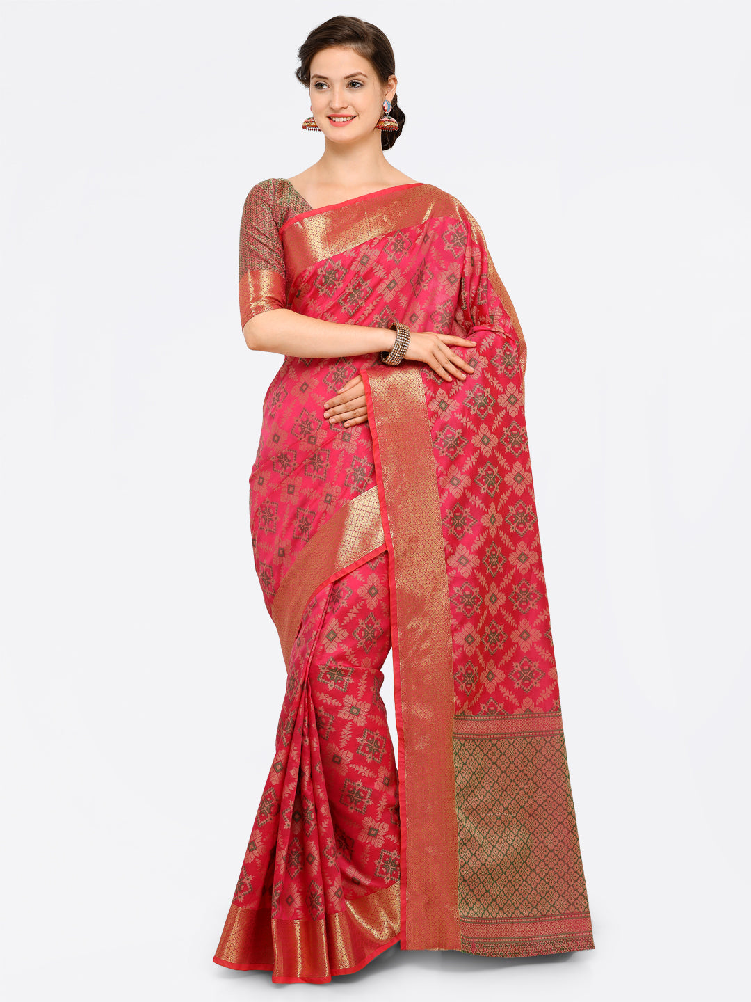 Saree Mall Pink Silk Blend Printed Kanjeevaram Saree - Distacart