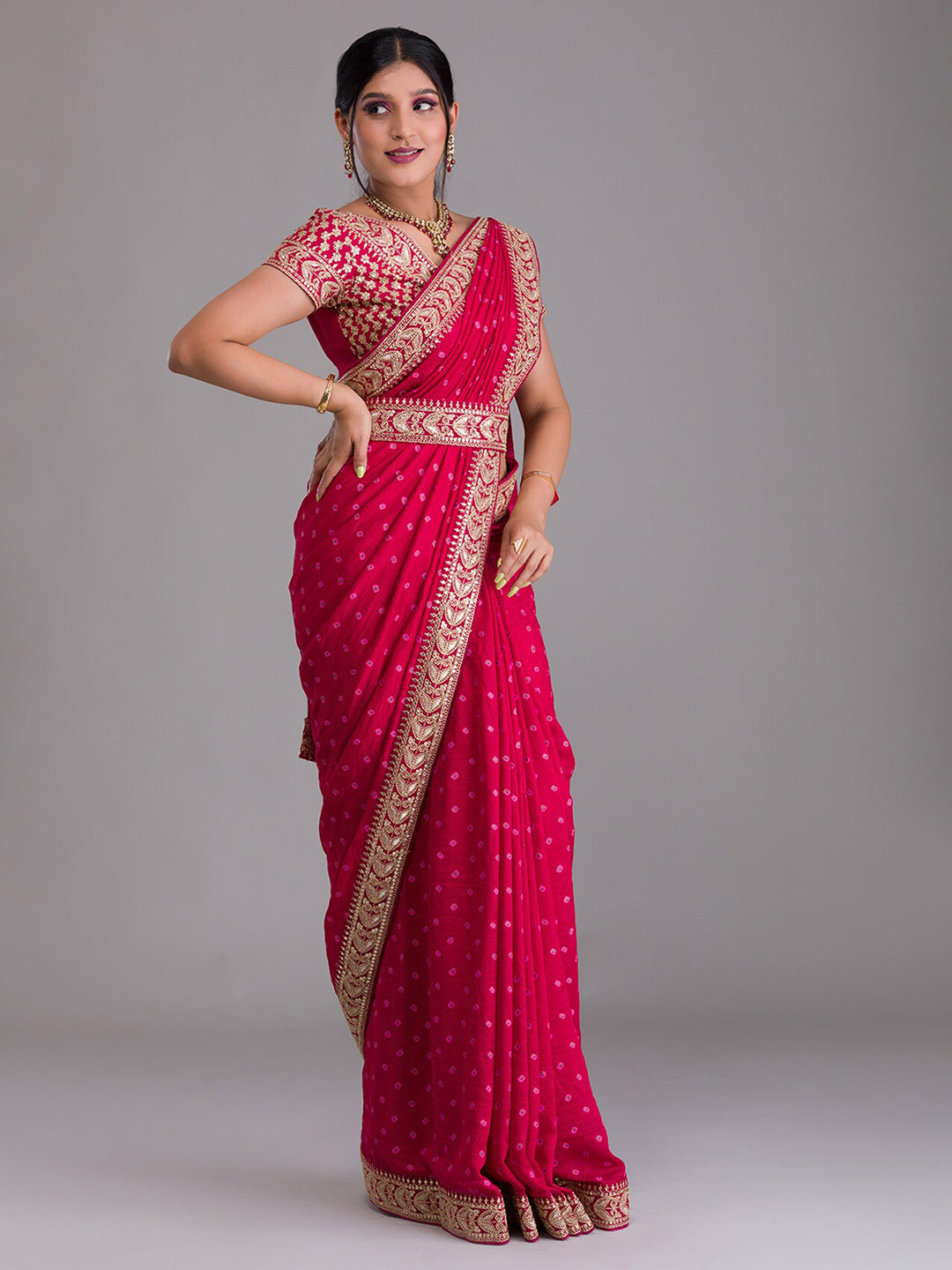 Koskii Pink & Gold-Toned Bandhani Sequinned Saree - Distacart