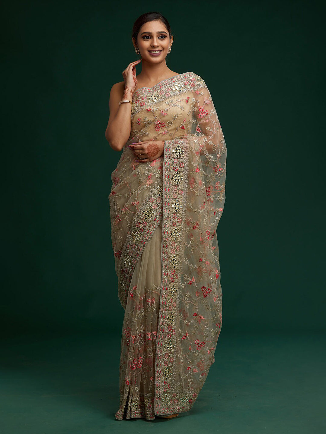 Koskii Green & Pink Embellished Gotta Patti Supernet Saree - Distacart