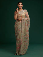 Thumbnail for Koskii Green & Pink Embellished Gotta Patti Supernet Saree - Distacart