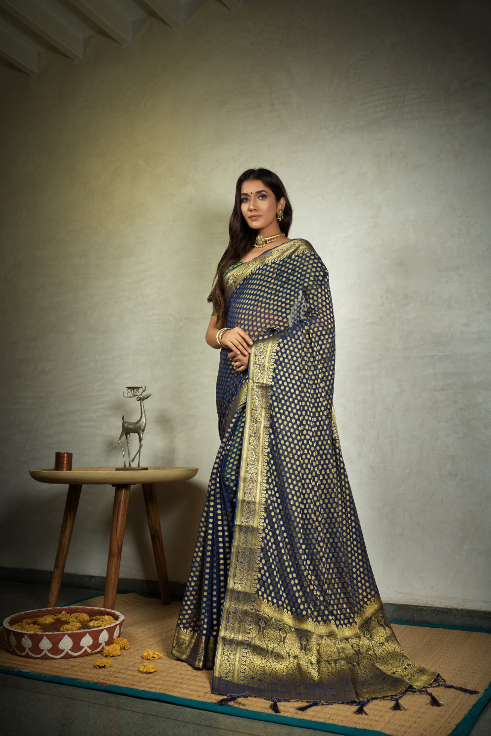 Vardha Indigo Blue Golden Zari Banarasi Chiffon Saree