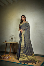 Thumbnail for Vardha Indigo Blue Golden Zari Banarasi Chiffon Saree